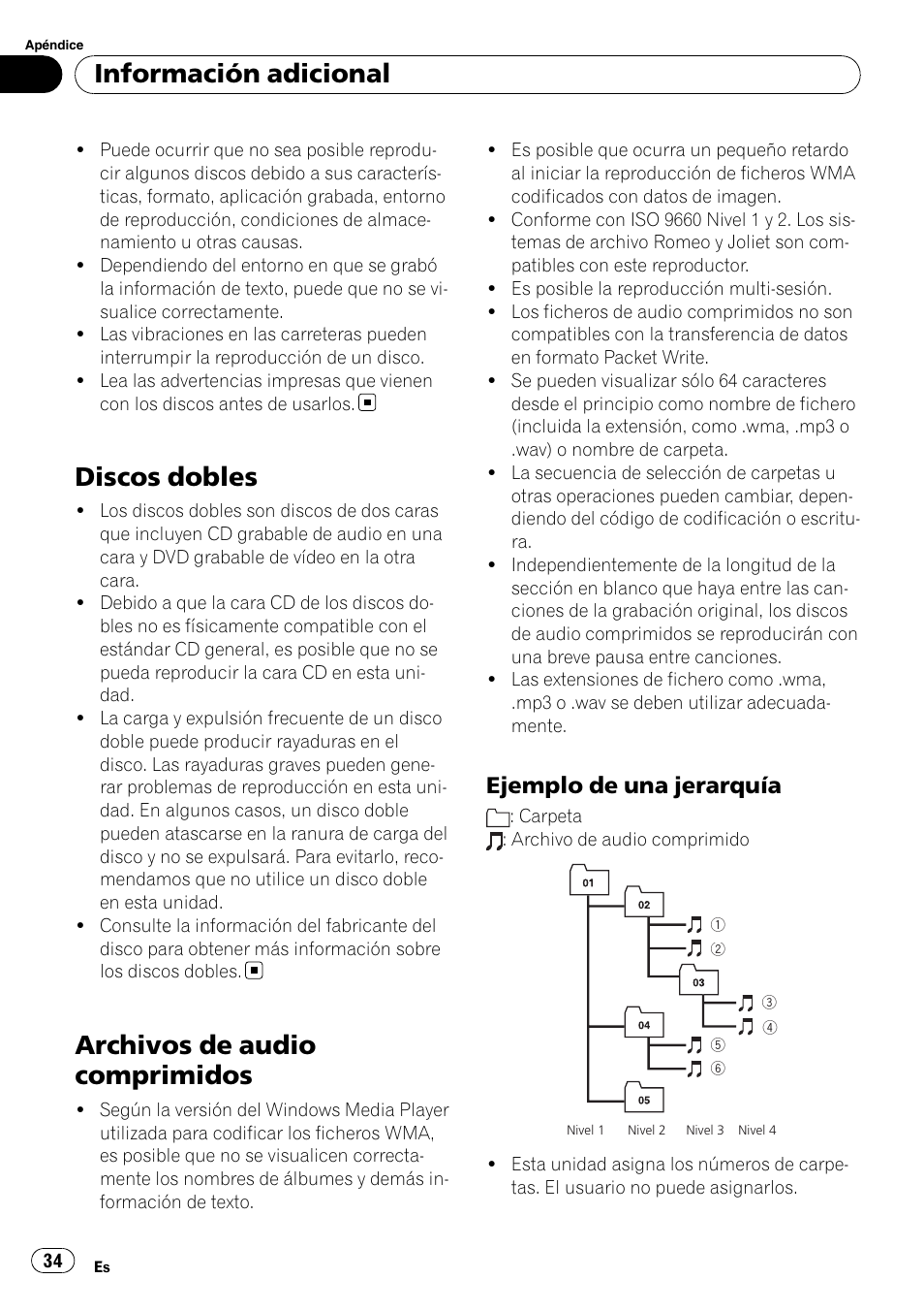Discos dobles, Archivos de audio comprimidos, Ejemplo de una jerarquía 34 | Información adicional, Ejemplo de una jerarquía | Pioneer DEH-2020MP User Manual | Page 34 / 75
