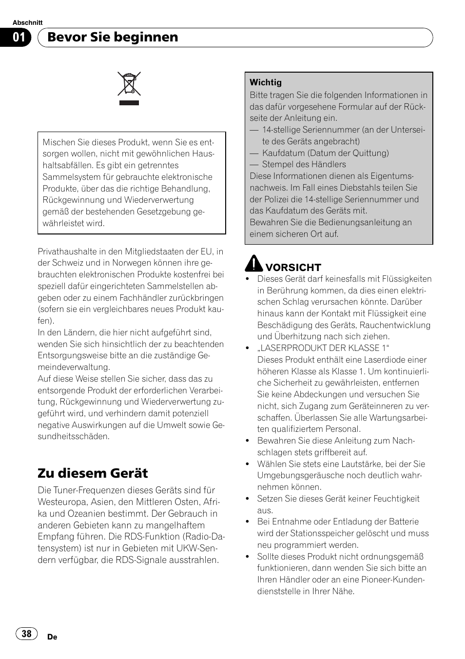 Bevor sie beginnen, Zu diesem gerät | Pioneer DEH-2020MP User Manual | Page 38 / 75