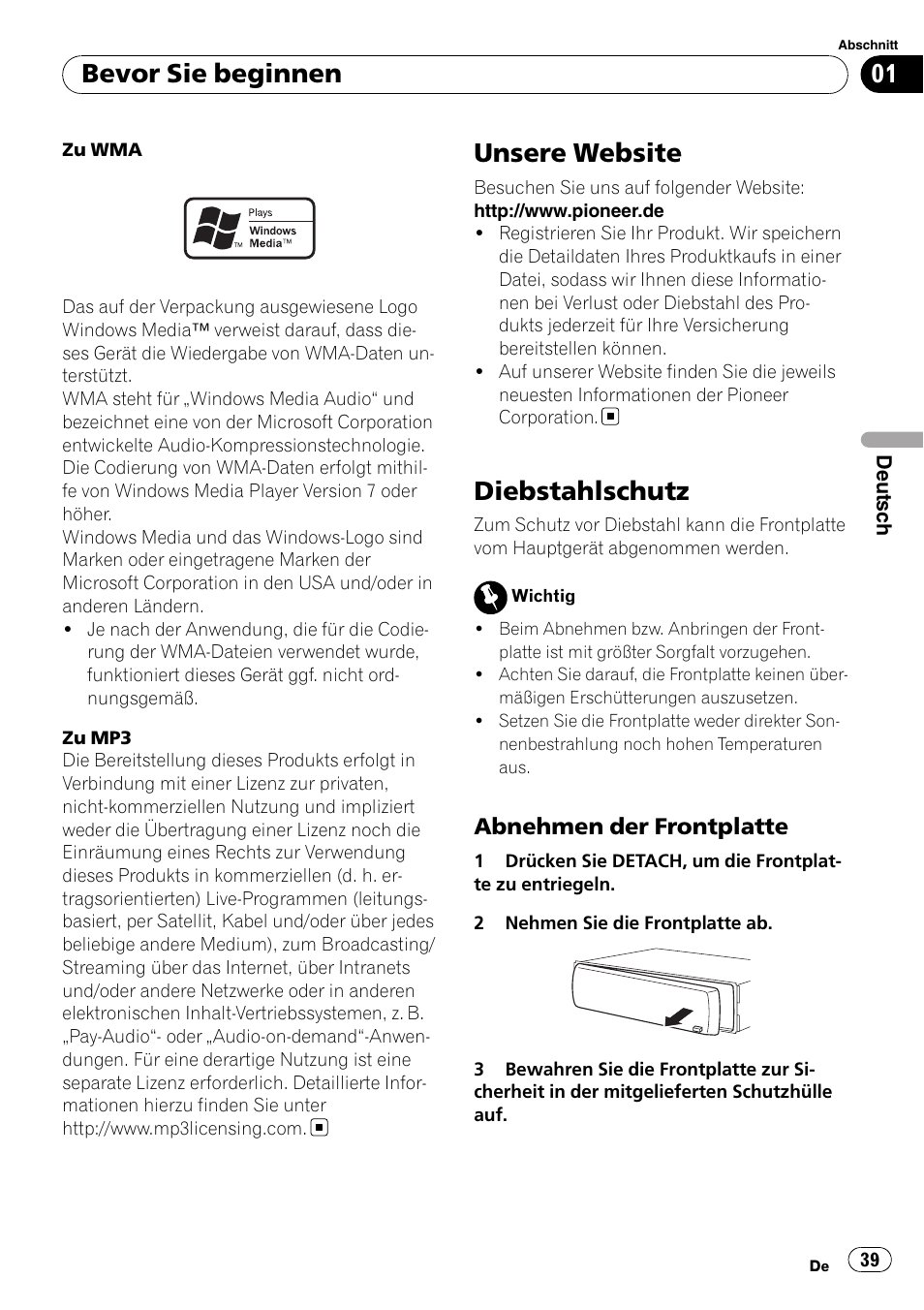 Unsere website, Diebstahlschutz, Abnehmen der frontplatte 39 | Bevor sie beginnen | Pioneer DEH-2020MP User Manual | Page 39 / 75