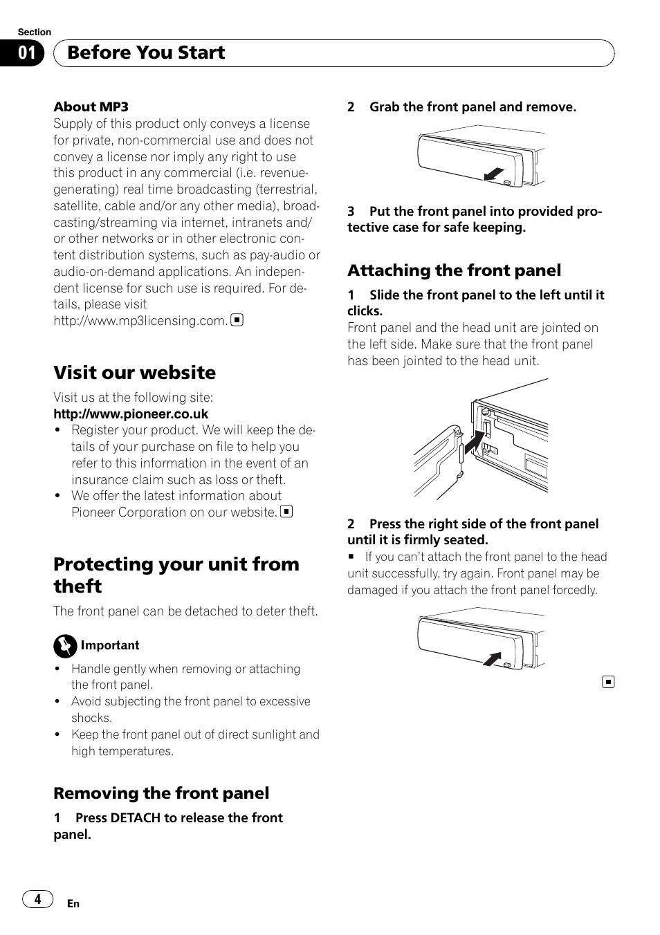Visit our website, Protecting your unit from theft, Removing the front panel 4 | Attaching the front panel 4, Before you start | Pioneer DEH-2020MP User Manual | Page 4 / 75