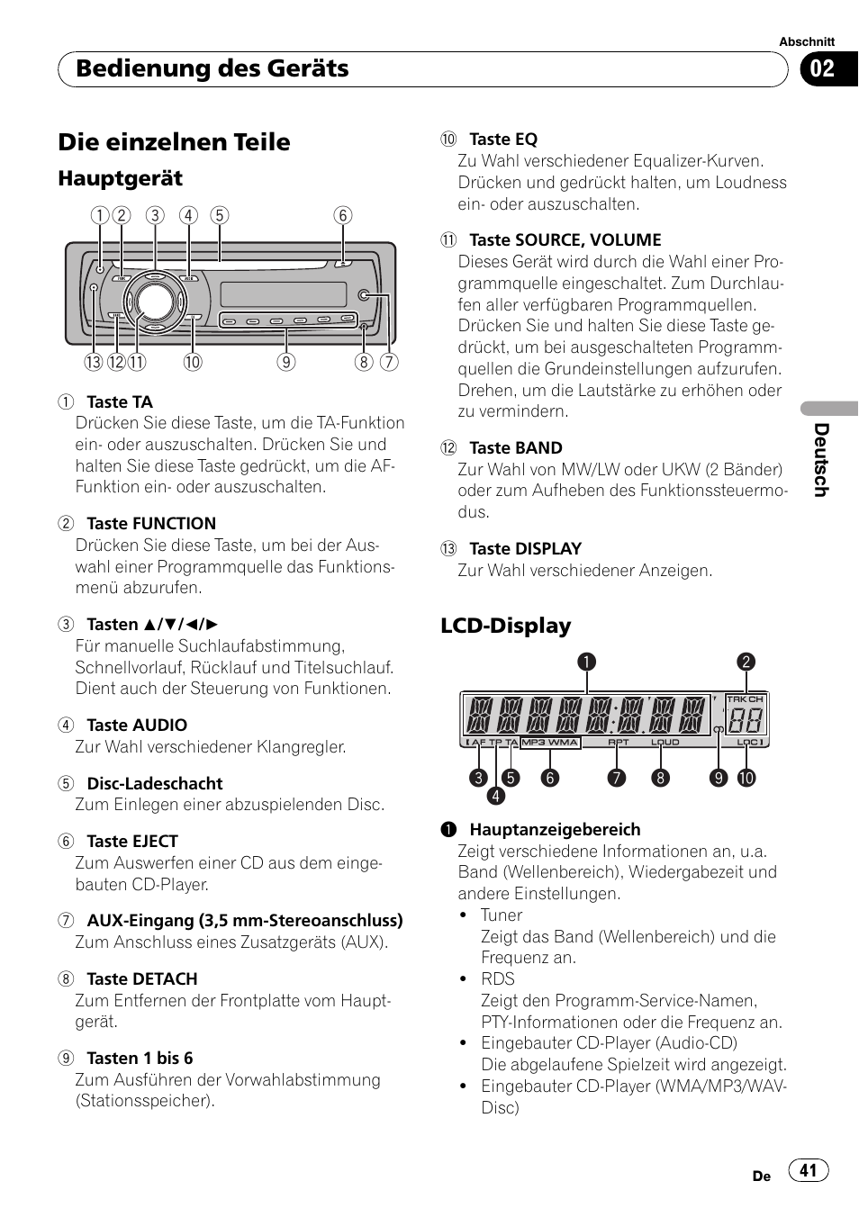 Bedienung des geräts die einzelnen teile, Hauptgerät 41, Lcd-display 41 | Die einzelnen teile, Bedienung des geräts | Pioneer DEH-2020MP User Manual | Page 41 / 75