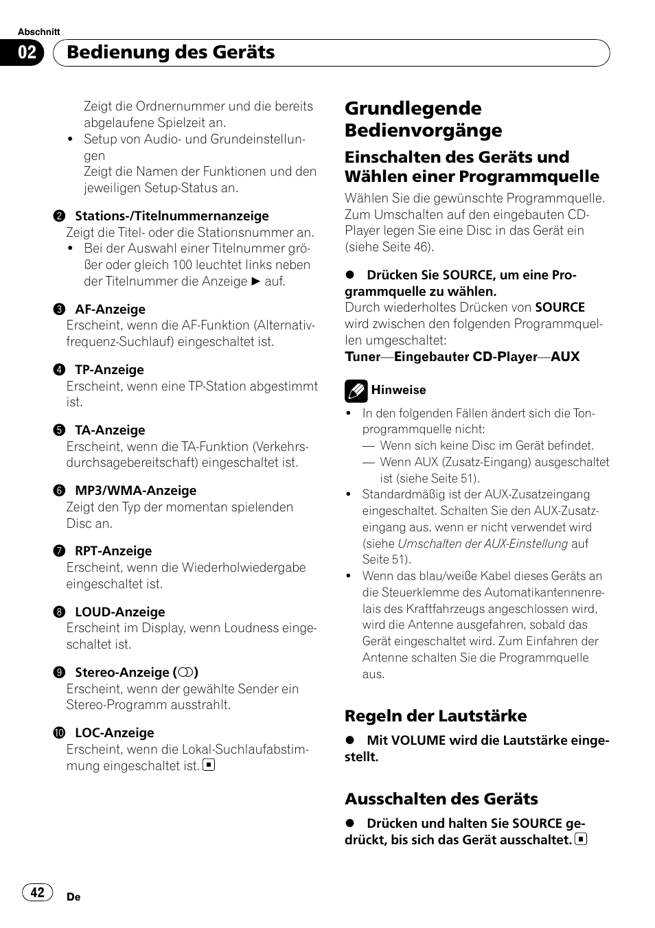 Grundlegende bedienvorgänge, Einschalten des geräts und wählen, Einer programmquelle | Regeln der lautstärke 42, Ausschalten des geräts 42, Bedienung des geräts, Regeln der lautstärke, Ausschalten des geräts | Pioneer DEH-2020MP User Manual | Page 42 / 75