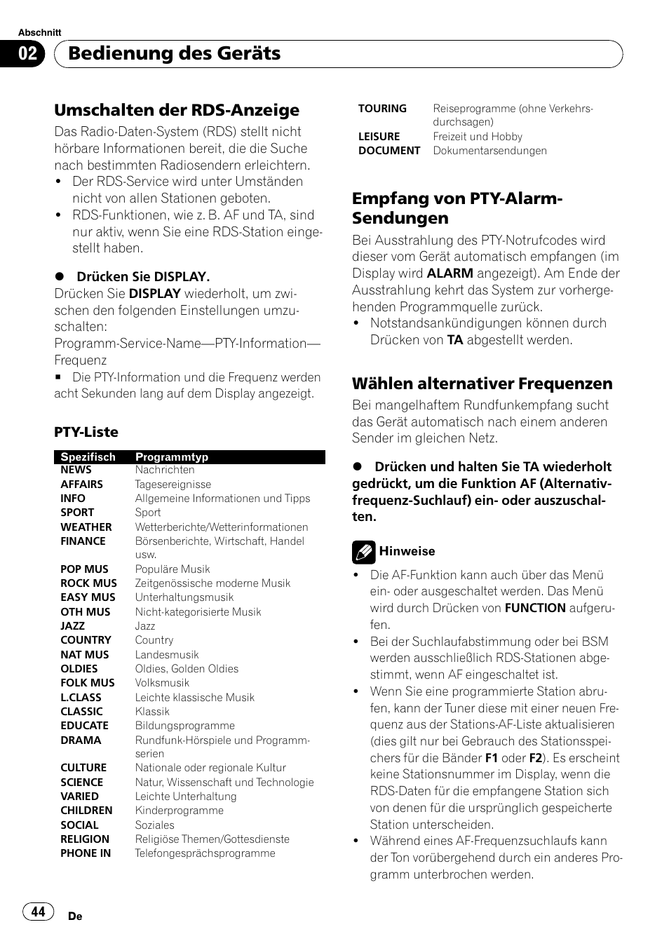 Umschalten der rds-anzeige 44, Empfang von pty-alarm, Sendungen | Wählen alternativer frequenzen 44, Bedienung des geräts, Umschalten der rds-anzeige, Empfang von pty-alarm- sendungen, Wählen alternativer frequenzen | Pioneer DEH-2020MP User Manual | Page 44 / 75