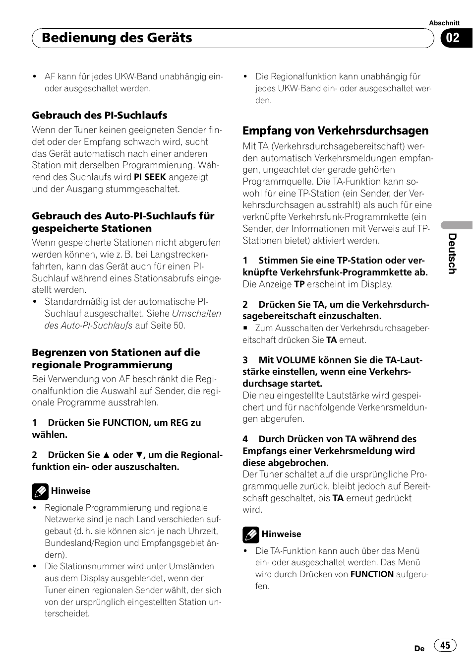 Empfang von verkehrsdurchsagen 45, Bedienung des geräts, Empfang von verkehrsdurchsagen | Pioneer DEH-2020MP User Manual | Page 45 / 75