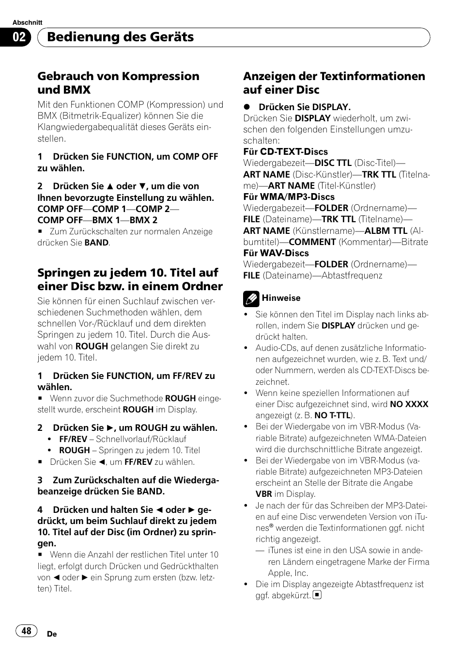 Gebrauch von kompression und, Springen zu jedem 10. titel auf einer, Disc bzw. in einem ordner | Anzeigen der textinformationen auf, Einer disc, Bedienung des geräts, Gebrauch von kompression und bmx, Anzeigen der textinformationen auf einer disc | Pioneer DEH-2020MP User Manual | Page 48 / 75