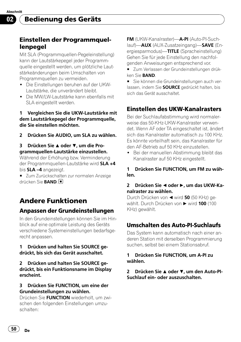 Einstellen der, Programmquellenpegel, Andere funktionen | Anpassen der grundeinstellungen 50, Einstellen des ukw-kanalrasters 50, Umschalten des auto-pi, Suchlaufs, Bedienung des geräts, Einstellen der programmquel- lenpegel, Anpassen der grundeinstellungen | Pioneer DEH-2020MP User Manual | Page 50 / 75