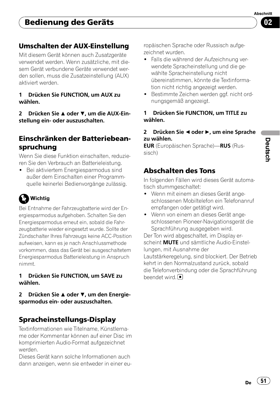 Umschalten der aux-einstellung 51, Einschränken der, Batteriebeanspruchung | Spracheinstellungs-display 51, Abschalten des tons 51, Bedienung des geräts, Umschalten der aux-einstellung, Einschränken der batteriebean- spruchung, Spracheinstellungs-display, Abschalten des tons | Pioneer DEH-2020MP User Manual | Page 51 / 75