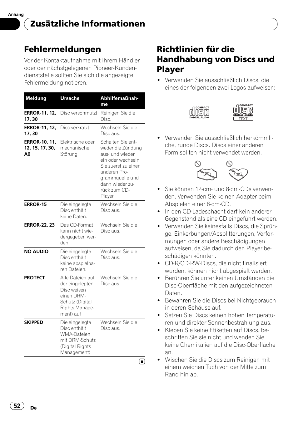 Zusätzliche informationen fehlermeldungen, Richtlinien für die handhabung von discs, Und player | Seite 52, Fehlermeldungen, Auf seite 52, Zusätzliche informationen | Pioneer DEH-2020MP User Manual | Page 52 / 75