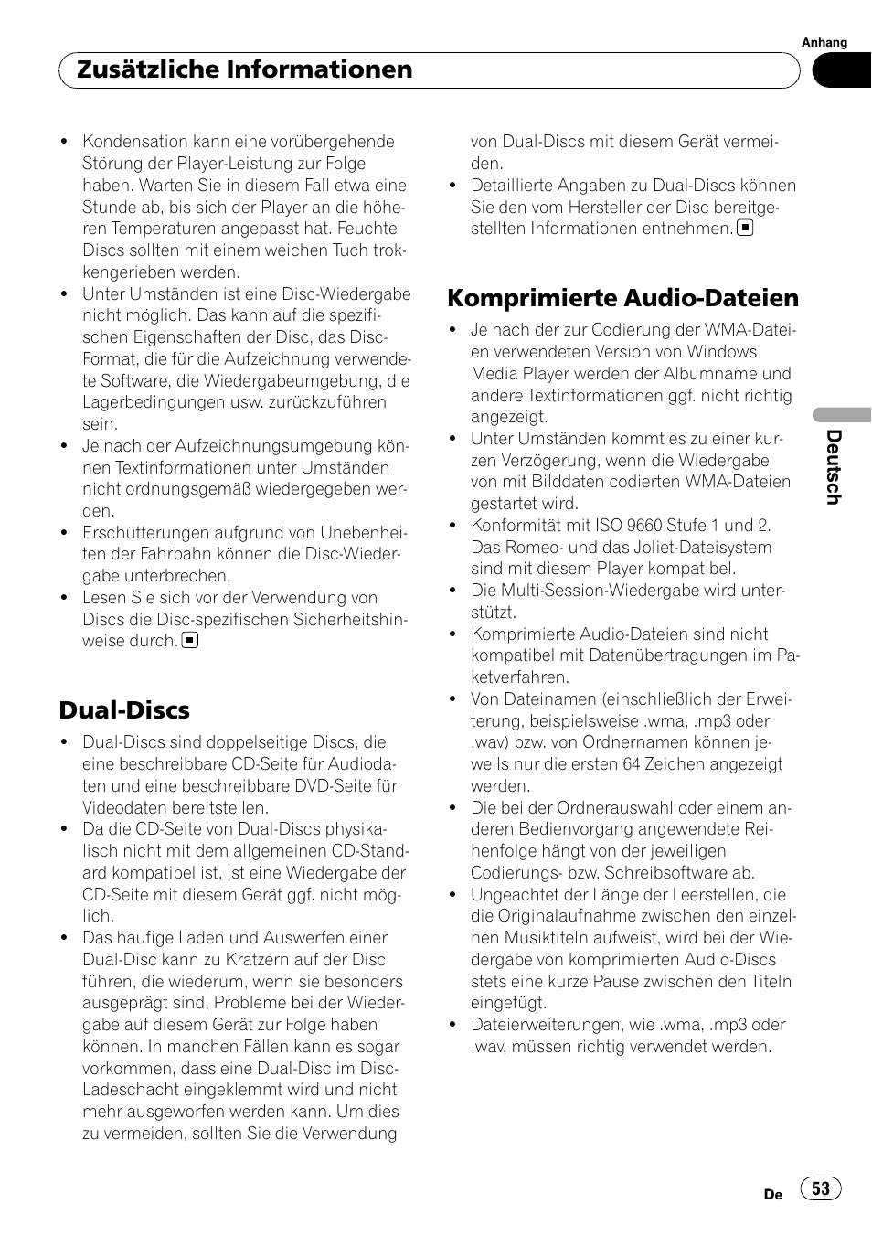 Dual-discs, Komprimierte audio-dateien, Seite 53) | Zusätzliche informationen | Pioneer DEH-2020MP User Manual | Page 53 / 75