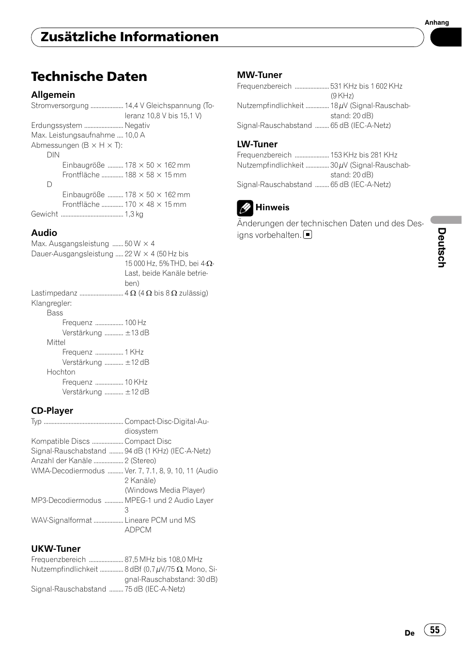 Technische daten, Zusätzliche informationen, Deutsch | Pioneer DEH-2020MP User Manual | Page 55 / 75