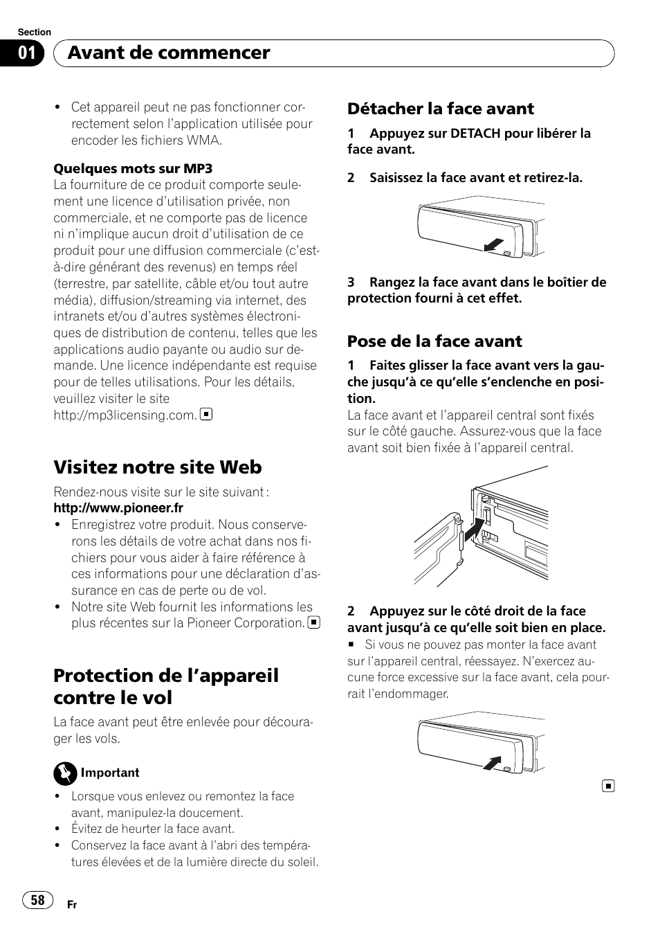 Visitez notre site web, Protection de l, Appareil contre le vol 58 | Détacher la face avant 58, Pose de la face avant 58, Protection de l ’appareil contre le vol, Avant de commencer | Pioneer DEH-2020MP User Manual | Page 58 / 75