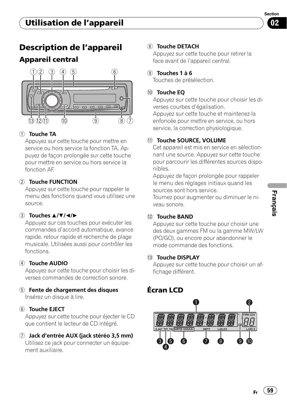 Utilisation de l, Appareil, Description de l | Appareil 59, Appareil central 59, Écran lcd 59, Description de l ’appareil, Utilisation de l ’appareil | Pioneer DEH-2020MP User Manual | Page 59 / 75