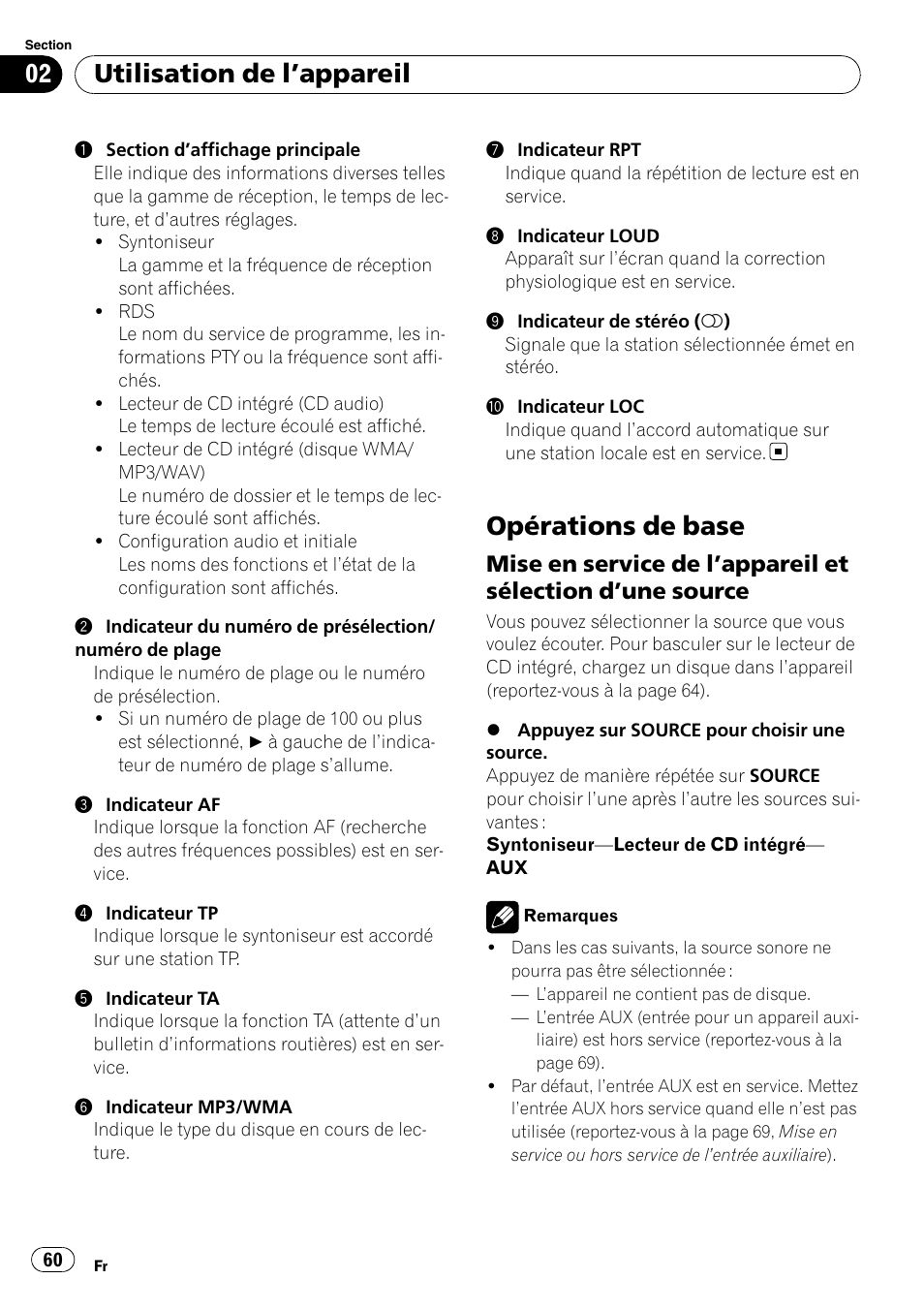 Opérations de base, Mise en service de l’appareil et, Sélection d | Une source 60, Utilisation de l ’appareil | Pioneer DEH-2020MP User Manual | Page 60 / 75