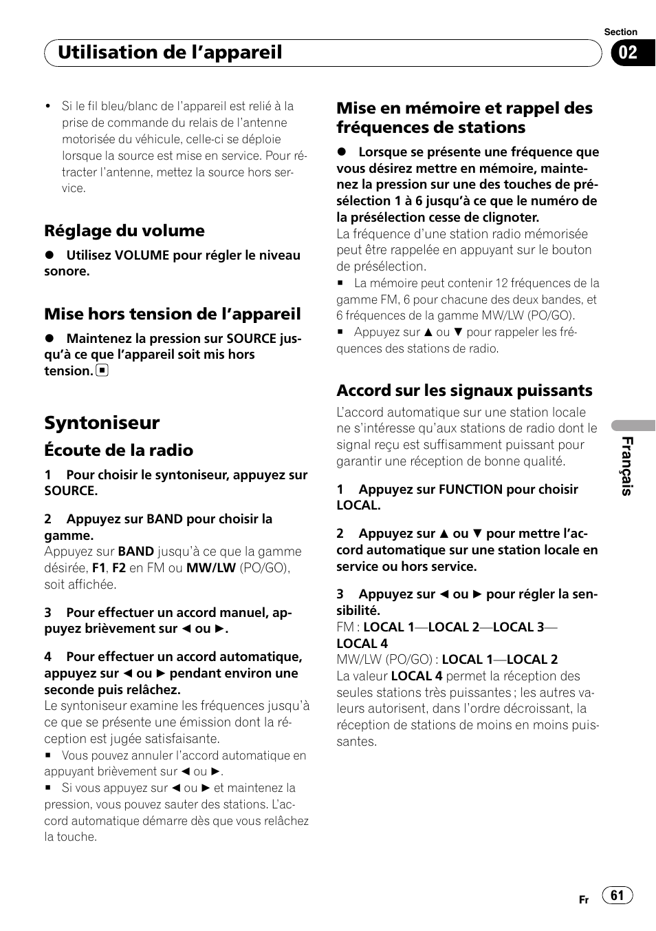 Réglage du volume 61, Mise hors tension de l’appareil 61, Syntoniseur | Écoute de la radio 61, Mise en mémoire et rappel des, Fréquences de stations, Accord sur les signaux puissants 61, Utilisation de l ’appareil, Réglage du volume, Mise hors tension de l ’appareil | Pioneer DEH-2020MP User Manual | Page 61 / 75