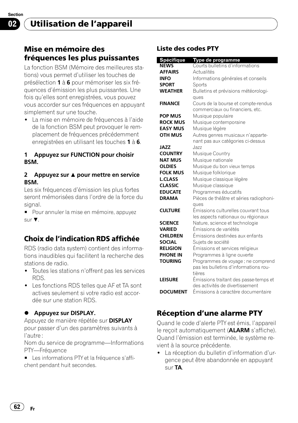 Mise en mémoire des fréquences les, Plus puissantes, Choix de l’indication rds affichée 62 | Réception d’une alarme pty 62, Utilisation de l ’appareil, Mise en mémoire des fréquences les plus puissantes, Choix de l ’indication rds affichée, Réception d ’une alarme pty | Pioneer DEH-2020MP User Manual | Page 62 / 75