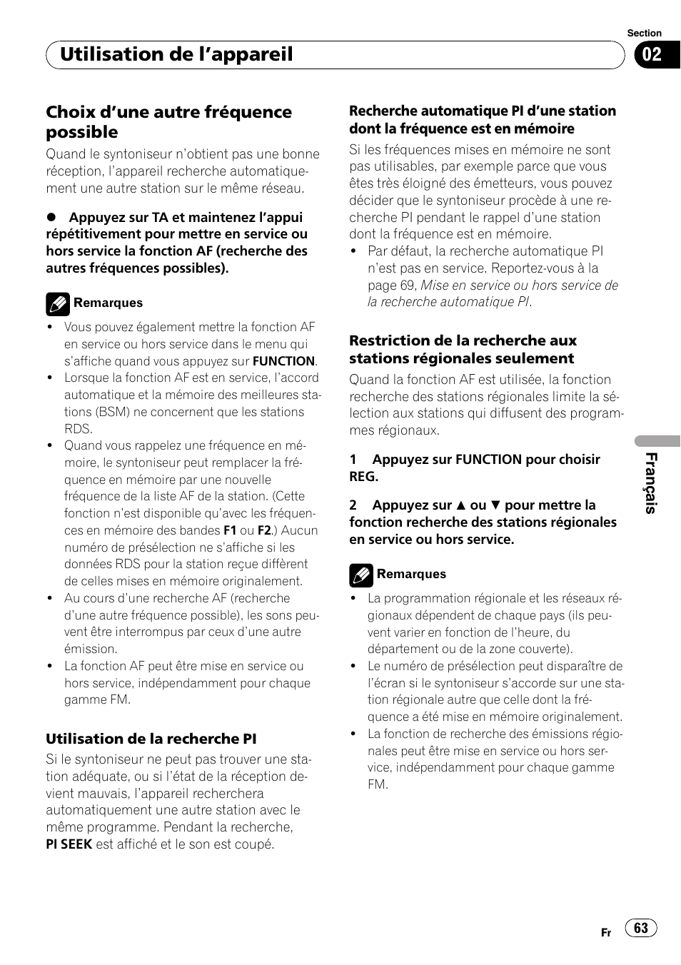 Choix d’une autre fréquence, Possible, Utilisation de l ’appareil | Choix d ’une autre fréquence possible | Pioneer DEH-2020MP User Manual | Page 63 / 75