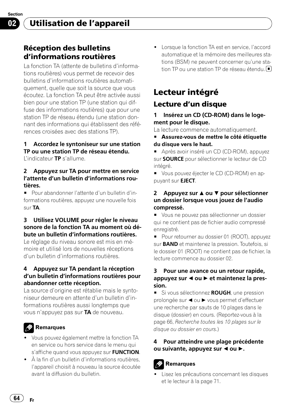 Réception des bulletins d’informations, Routières, Lecteur intégré | Lecture d’un disque 64, Utilisation de l ’appareil, Réception des bulletins d ’informations routières, Lecture d ’un disque | Pioneer DEH-2020MP User Manual | Page 64 / 75
