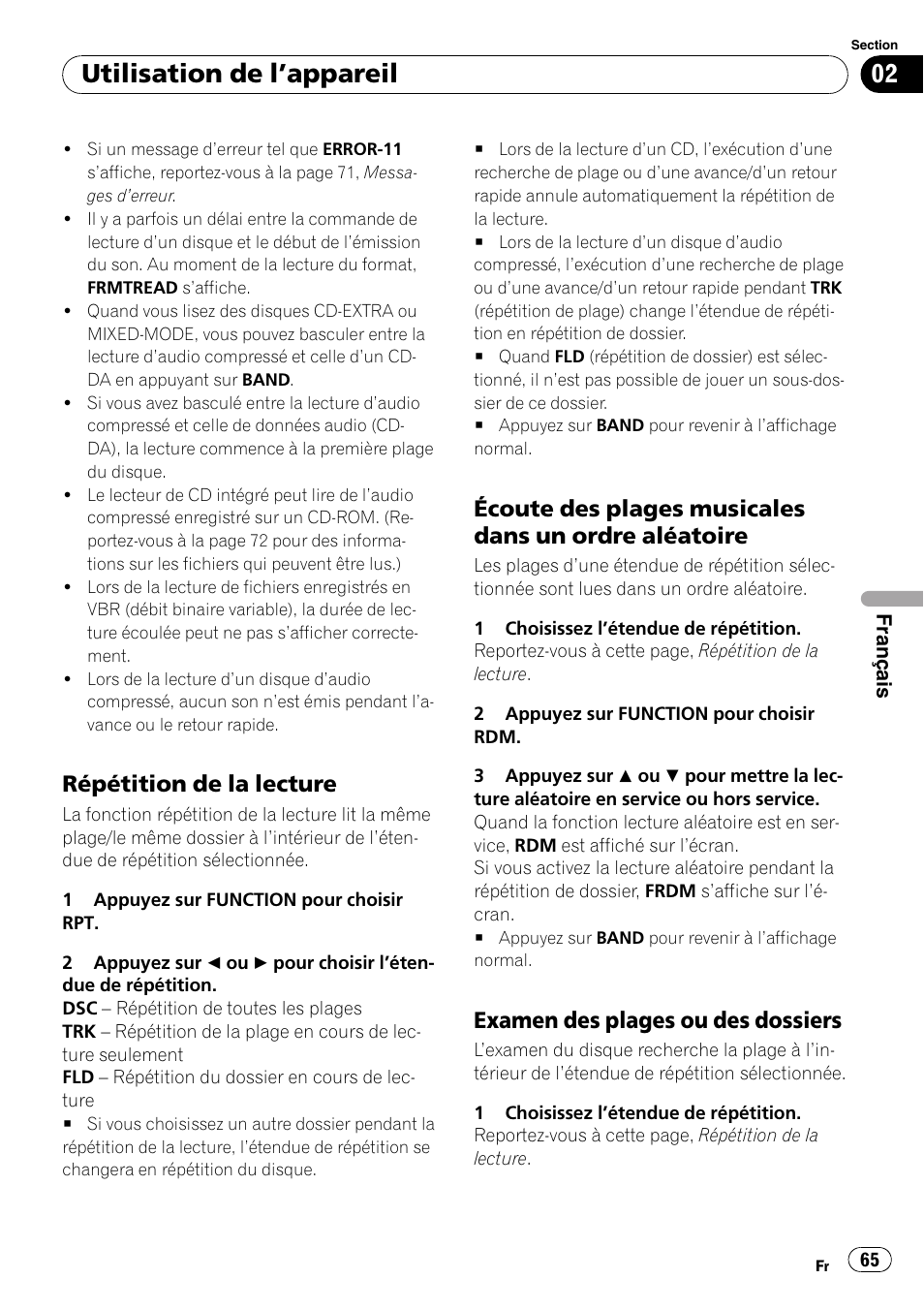 Répétition de la lecture 65, Écoute des plages musicales dans un, Ordre aléatoire | Examen des plages ou des, Dossiers, Utilisation de l ’appareil, Répétition de la lecture, Examen des plages ou des dossiers | Pioneer DEH-2020MP User Manual | Page 65 / 75