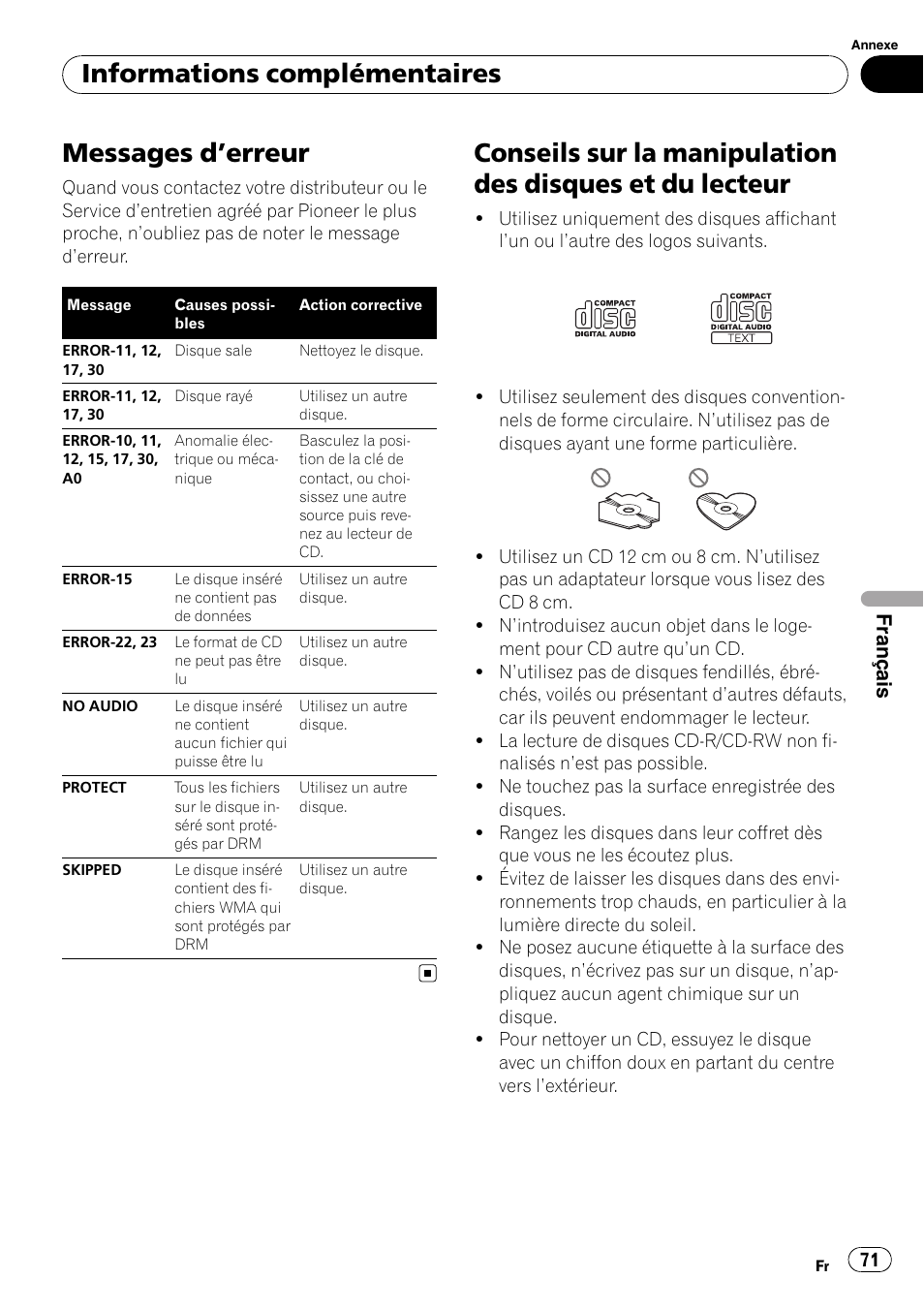 Informations complémentaires messages d, Erreur 71, Conseils sur la manipulation des disques et | Du lecteur, Ges d, Erreur, Messages d ’erreur, Informations complémentaires | Pioneer DEH-2020MP User Manual | Page 71 / 75