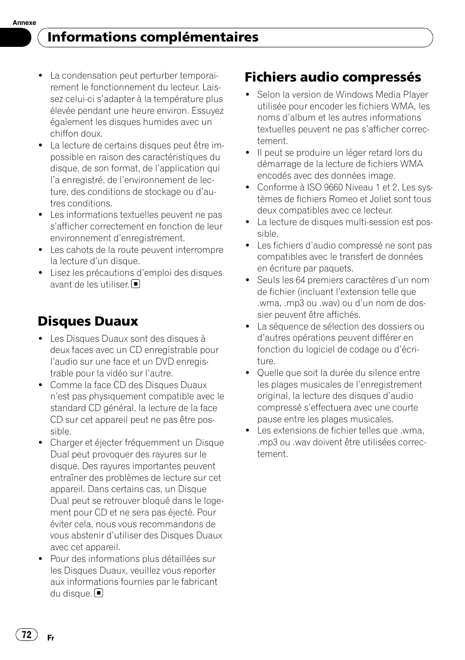 Disques duaux, Fichiers audio compressés, Informations complémentaires | Pioneer DEH-2020MP User Manual | Page 72 / 75