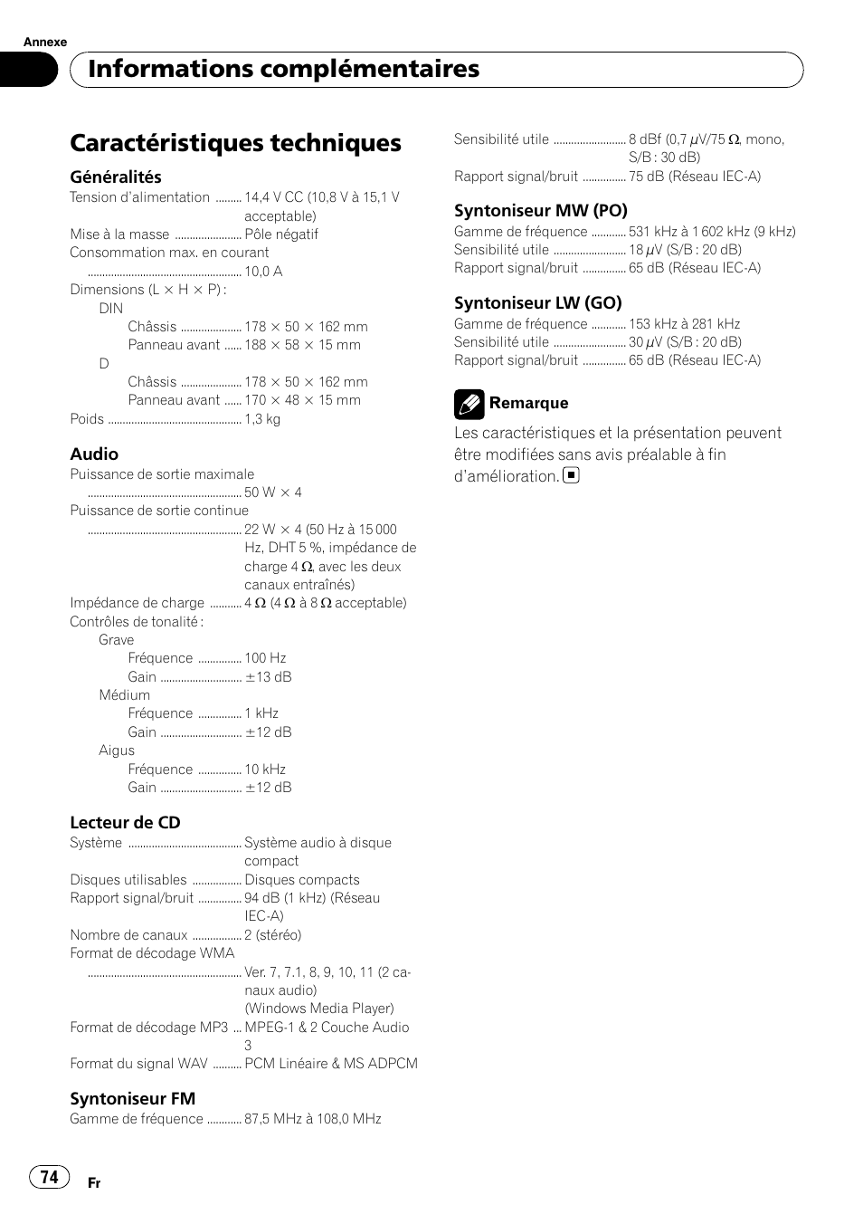 Caractéristiques techniques, Informations complémentaires | Pioneer DEH-2020MP User Manual | Page 74 / 75
