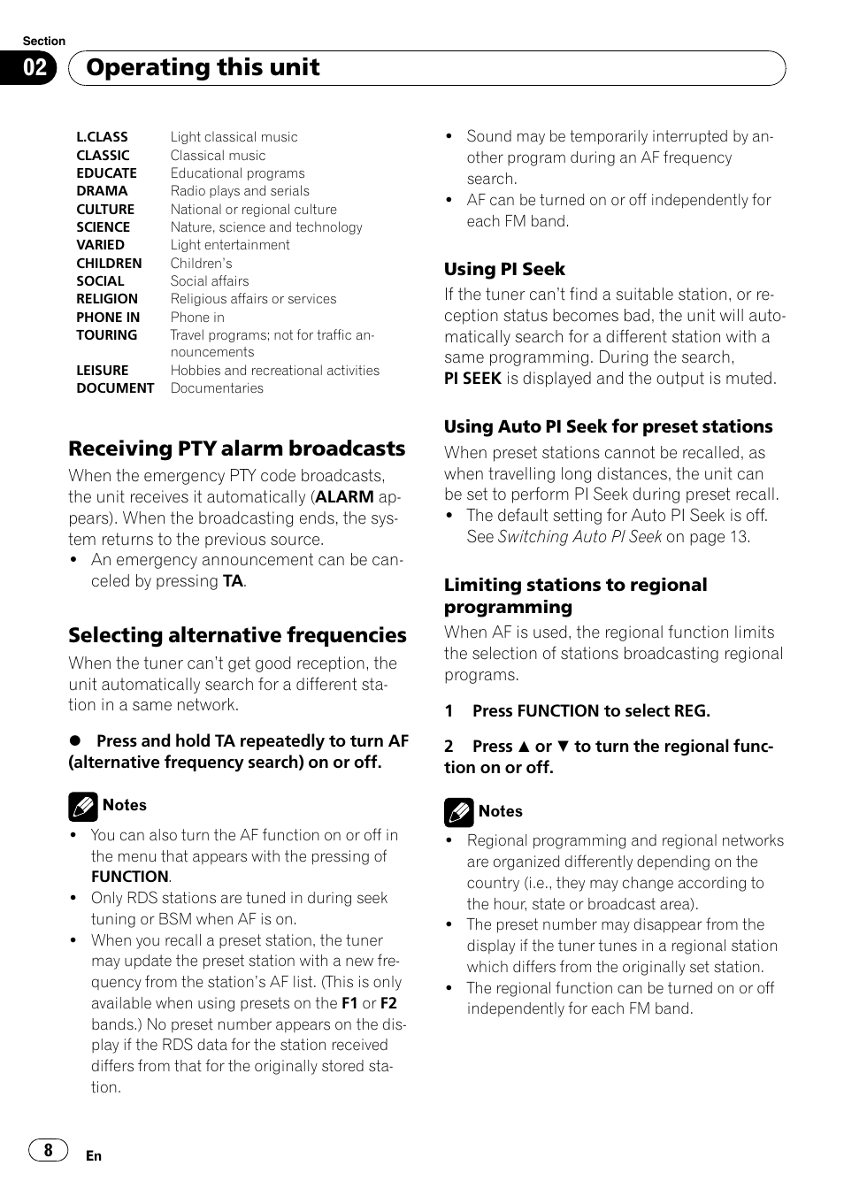 Receiving pty alarm broadcasts 8, Selecting alternative frequencies 8, Operating this unit | Receiving pty alarm broadcasts, Selecting alternative frequencies | Pioneer DEH-2020MP User Manual | Page 8 / 75