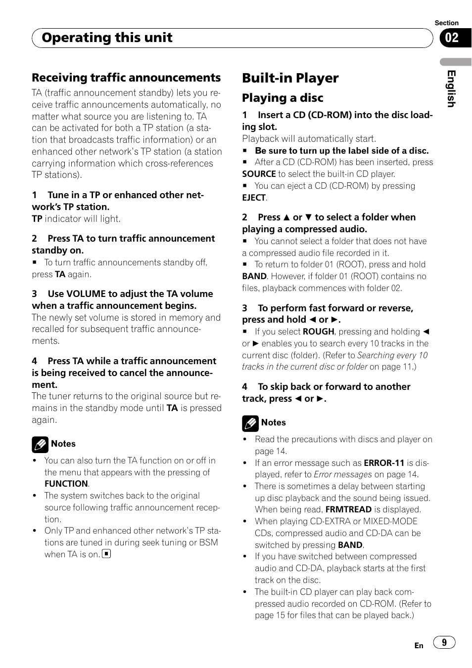Receiving traffic announcements 9, Built-in player, Playing a disc 9 | Operating this unit, Receiving traffic announcements, Playing a disc | Pioneer DEH-2020MP User Manual | Page 9 / 75