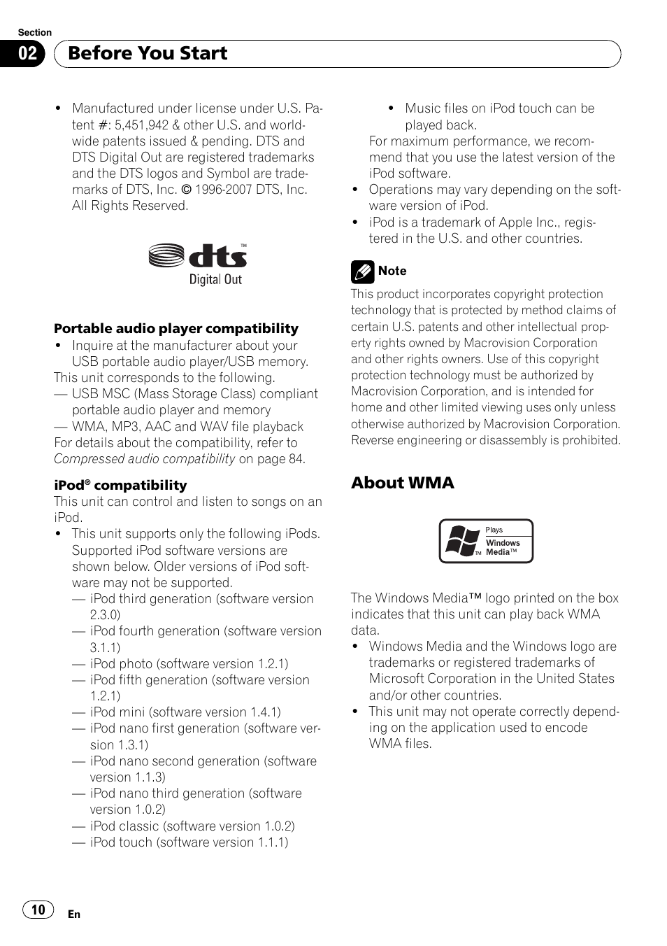 About wma 10, Before you start, About wma | Pioneer AVH-P4000DVD User Manual | Page 10 / 95