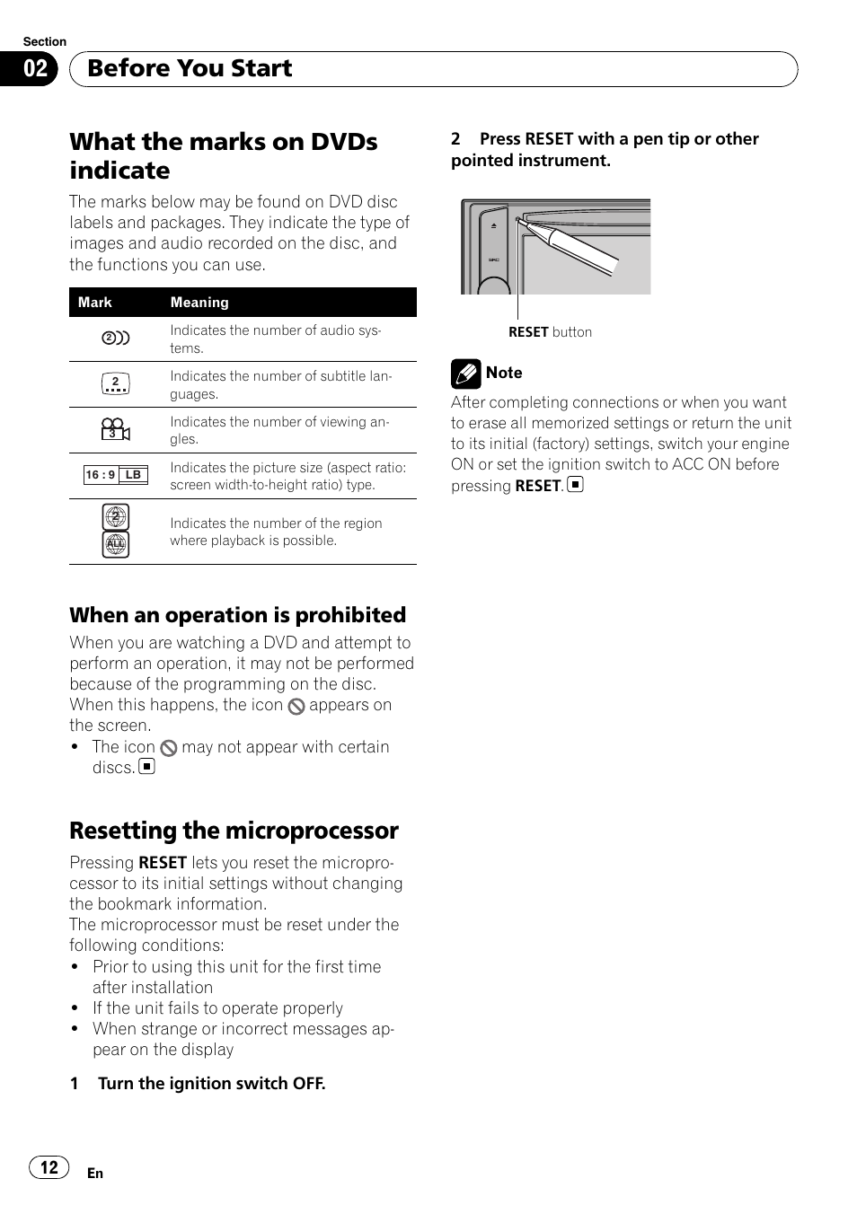 When an operation is prohibited 12, What the marks on dvds indicate, Resetting the microprocessor | Before you start, When an operation is prohibited | Pioneer AVH-P4000DVD User Manual | Page 12 / 95