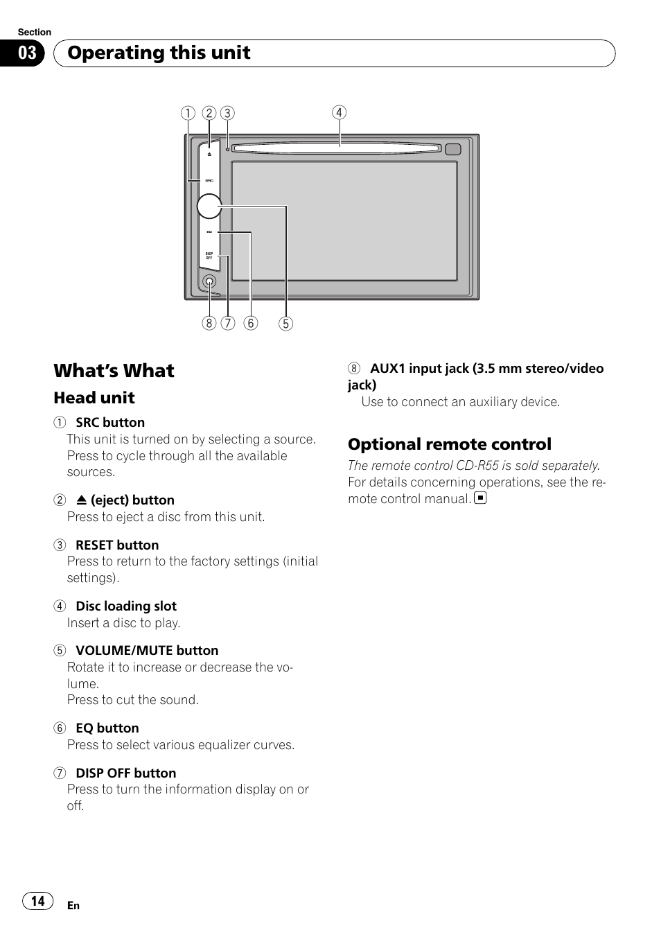 Operating this unit what, S what 14, Head unit 14 | Optional remote control 14, What ’s what, Operating this unit | Pioneer AVH-P4000DVD User Manual | Page 14 / 95