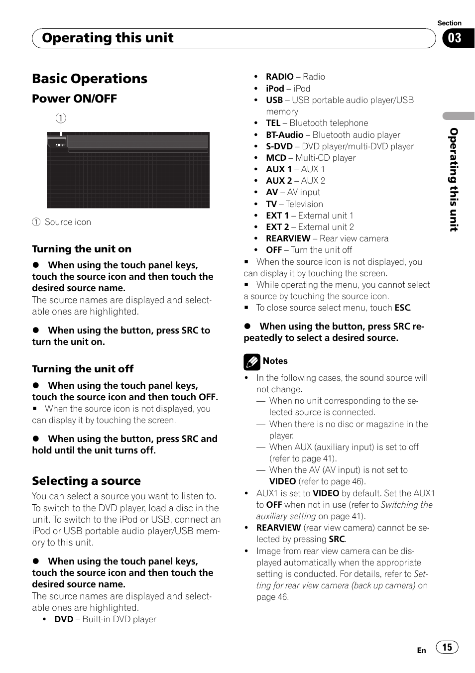 Basic operations, Power on/off 15, Selecting a source 15 | Operating this unit, Power on/off, Selecting a source | Pioneer AVH-P4000DVD User Manual | Page 15 / 95
