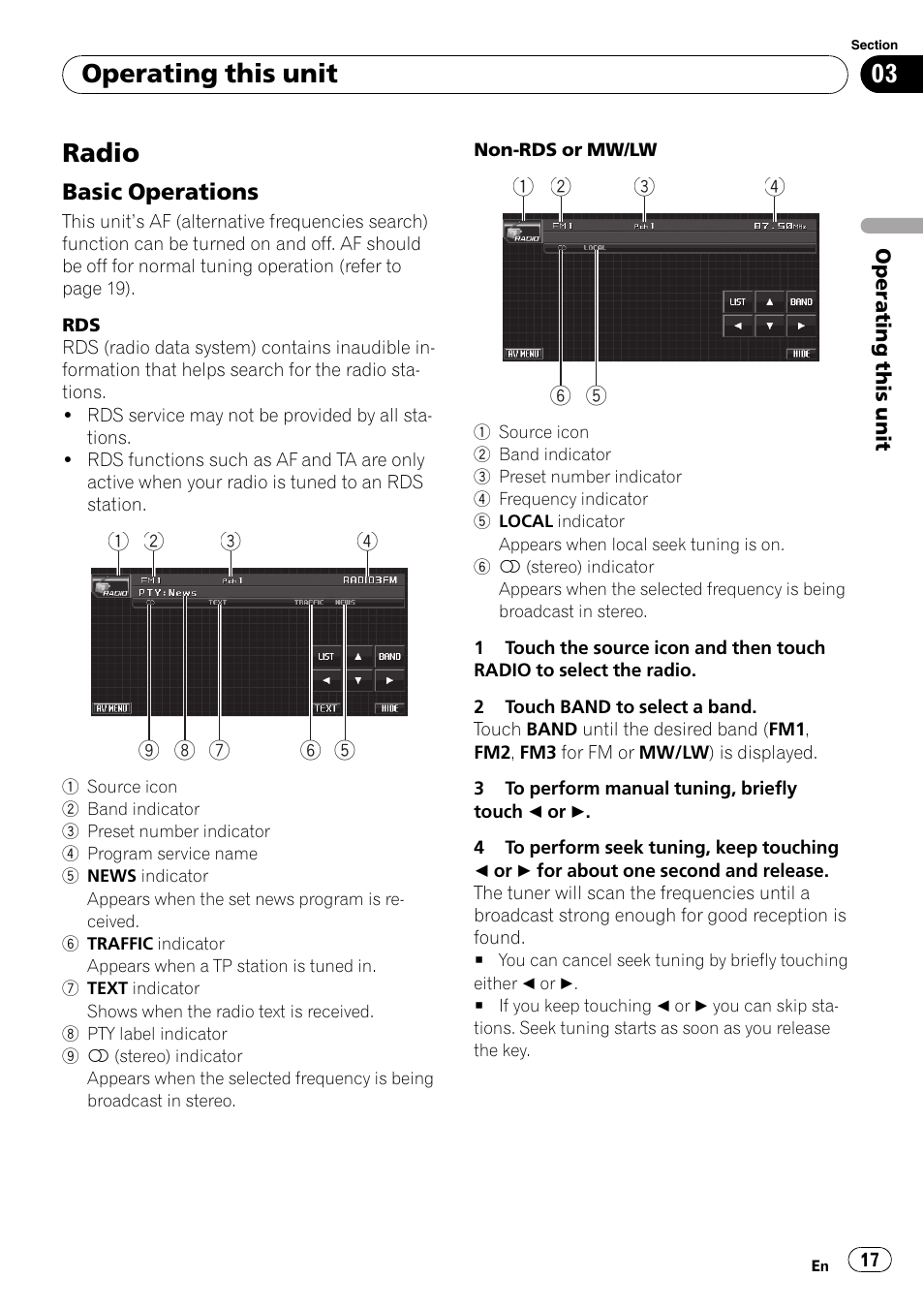 Radio, Basic operations 17, Operating this unit | Pioneer AVH-P4000DVD User Manual | Page 17 / 95