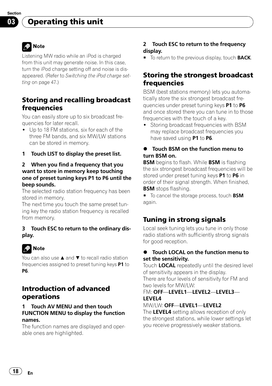 Storing and recalling broadcast, Frequencies, Introduction of advanced | Operations, Storing the strongest broadcast, Tuning in strong signals 18, Operating this unit, Storing and recalling broadcast frequencies, Introduction of advanced operations, Storing the strongest broadcast frequencies | Pioneer AVH-P4000DVD User Manual | Page 18 / 95