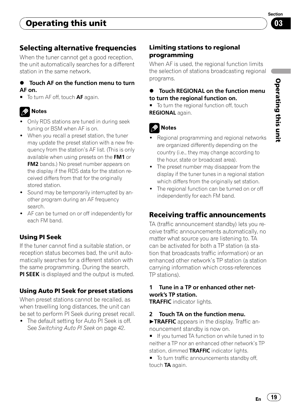 Selecting alternative frequencies 19, Receiving traffic announcements 19, Operating this unit | Selecting alternative frequencies, Receiving traffic announcements | Pioneer AVH-P4000DVD User Manual | Page 19 / 95