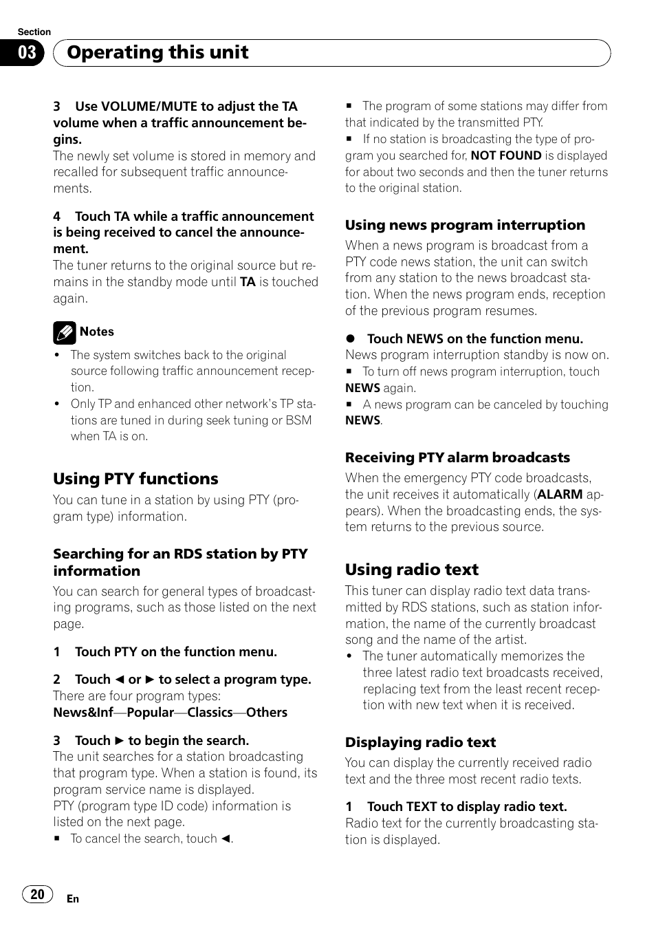 Using pty functions 20, Using radio text 20, Operating this unit | Using pty functions, Using radio text | Pioneer AVH-P4000DVD User Manual | Page 20 / 95