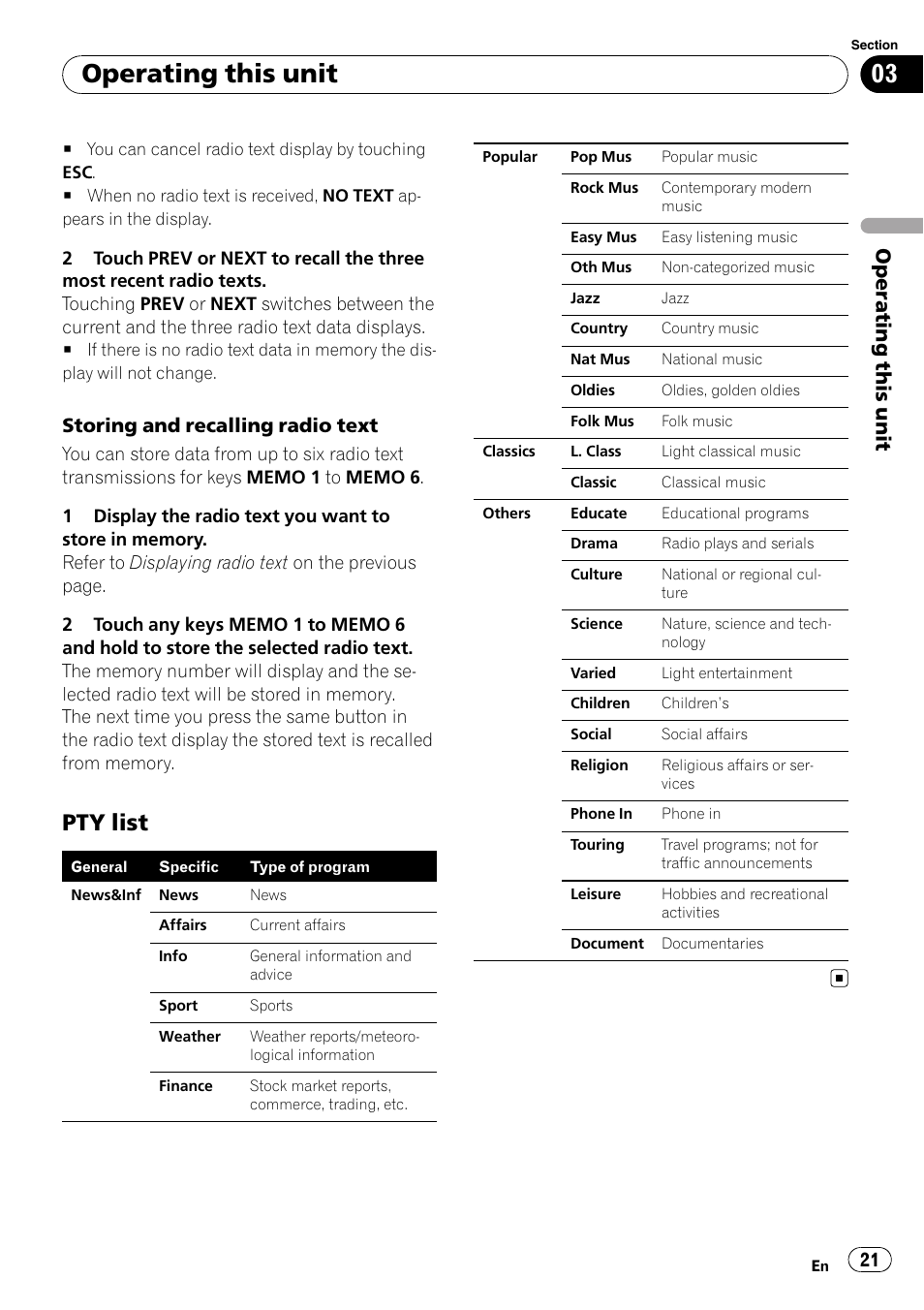 Pty list 21, Operating this unit, Pty list | Storing and recalling radio text | Pioneer AVH-P4000DVD User Manual | Page 21 / 95