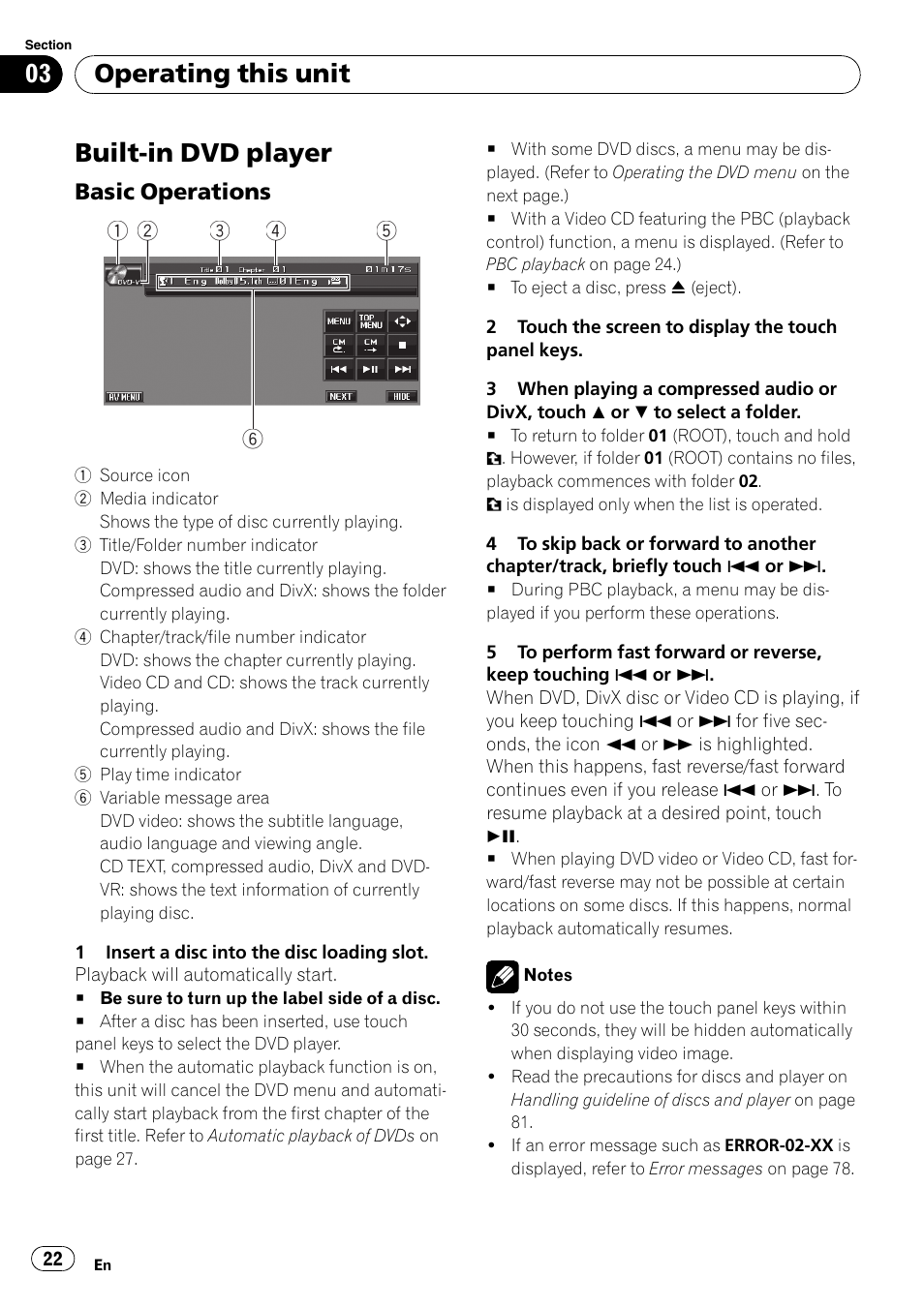 Built-in dvd player, Basic operations 22, Operating this unit | Pioneer AVH-P4000DVD User Manual | Page 22 / 95