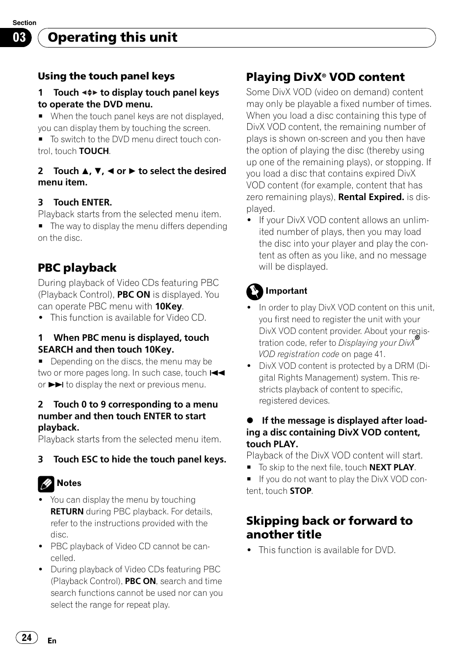 Pbc playback 24, Playing divx® vod content 24, Skipping back or forward to another | Title, Operating this unit, Pbc playback, Playing divx, Vod content, Skipping back or forward to another title | Pioneer AVH-P4000DVD User Manual | Page 24 / 95