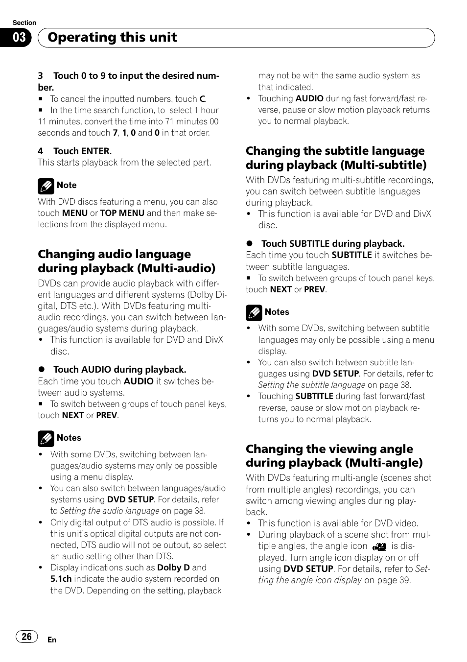 Changing audio language during, Playback (multi-audio), Changing the subtitle language during | Playback (multi-subtitle), Changing the viewing angle during, Playback (multi-angle), Operating this unit | Pioneer AVH-P4000DVD User Manual | Page 26 / 95