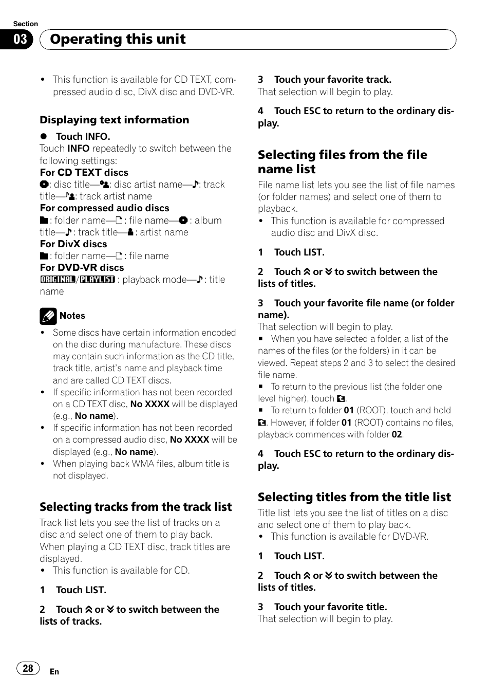 Selecting tracks from the track list 28, Selecting files from the file name, List | Selecting titles from the title list 28, Operating this unit, Selecting tracks from the track list, Selecting files from the file name list, Selecting titles from the title list | Pioneer AVH-P4000DVD User Manual | Page 28 / 95