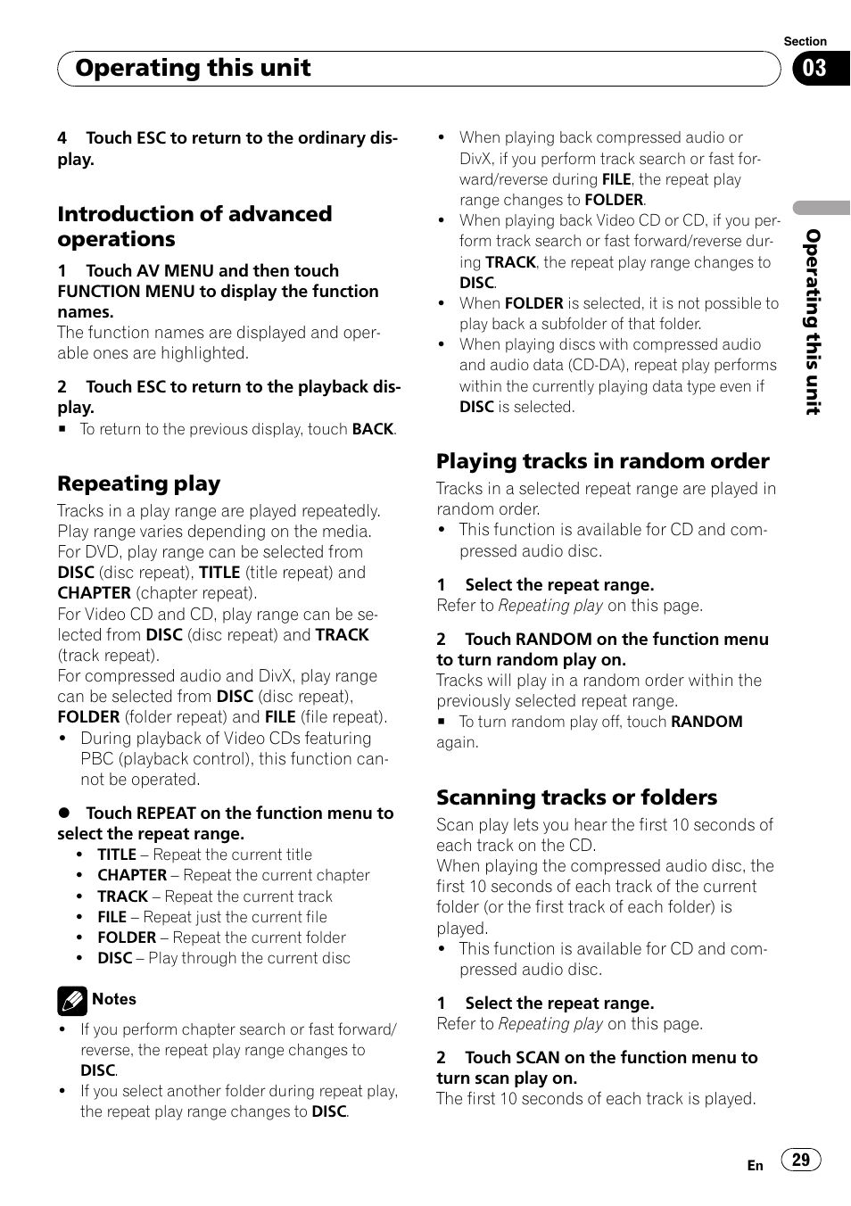 Introduction of advanced, Operations, Repeating play 29 | Playing tracks in random order 29, Scanning tracks or folders 29, Operating this unit, Introduction of advanced operations, Repeating play, Playing tracks in random order, Scanning tracks or folders | Pioneer AVH-P4000DVD User Manual | Page 29 / 95