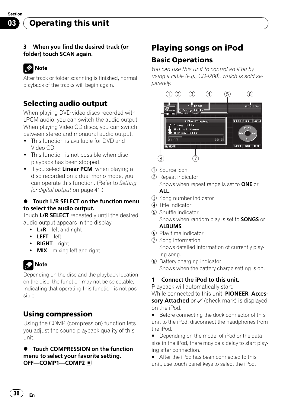 Selecting audio output 30, Using compression 30, Playing songs on ipod | Basic operations 30, Operating this unit | Pioneer AVH-P4000DVD User Manual | Page 30 / 95