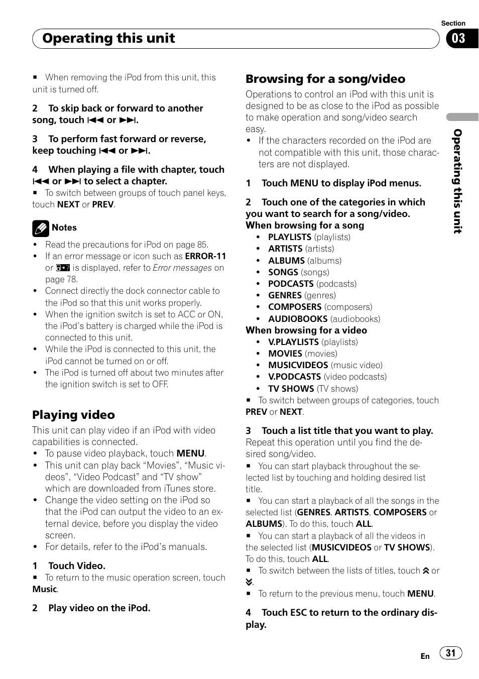 Playing video 31, Browsing for a song/video 31, Operating this unit | Playing video, Browsing for a song/video | Pioneer AVH-P4000DVD User Manual | Page 31 / 95