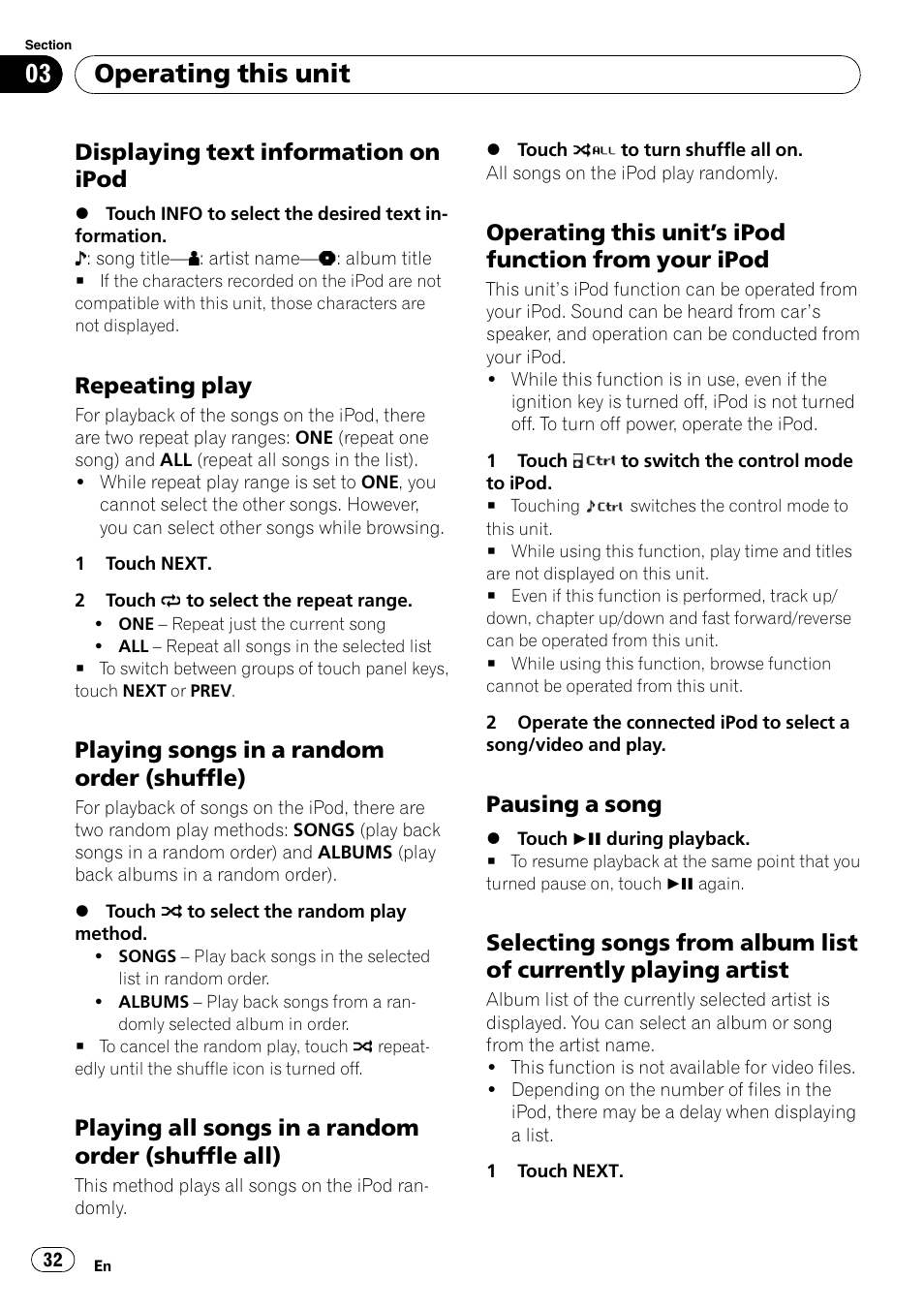 Displaying text information on, Ipod, Repeating play 32 | Playing songs in a random order, Shuffle), Playing all songs in a random order, Shuffle all), Operating this unit’s ipod function, From your ipod, Pausing a song 32 | Pioneer AVH-P4000DVD User Manual | Page 32 / 95