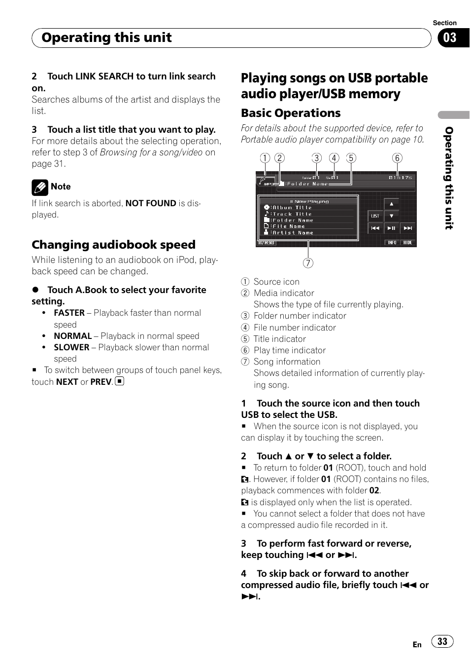 Changing audiobook speed 33, Playing songs on usb portable audio player, Usb memory | Basic operations 33, Operating this unit | Pioneer AVH-P4000DVD User Manual | Page 33 / 95