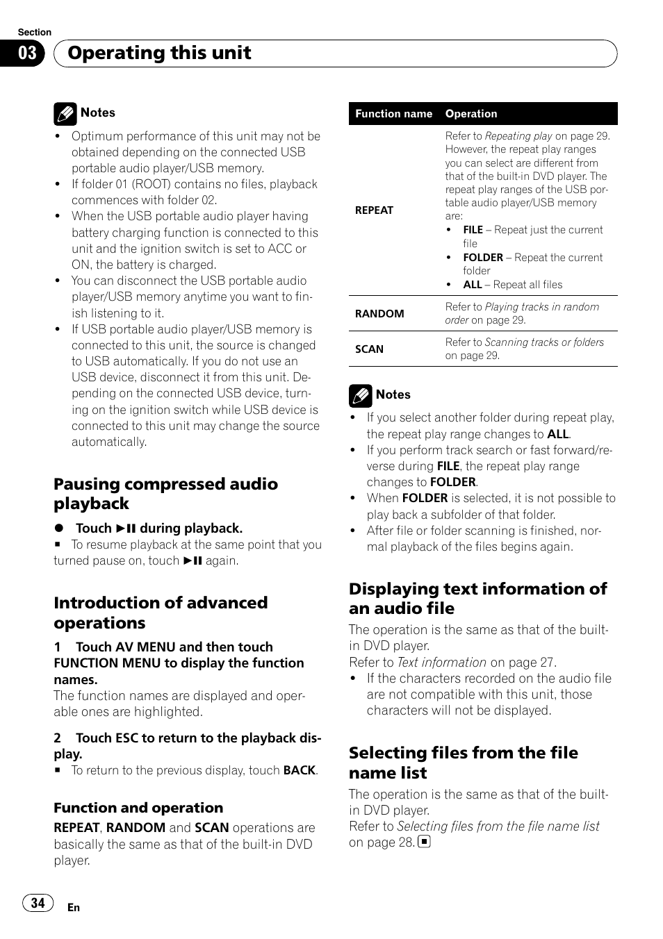 Pausing compressed audio, Playback, Introduction of advanced | Operations, Displaying text information of an audio, File, Selecting files from the file name, List, Operating this unit, Pausing compressed audio playback | Pioneer AVH-P4000DVD User Manual | Page 34 / 95