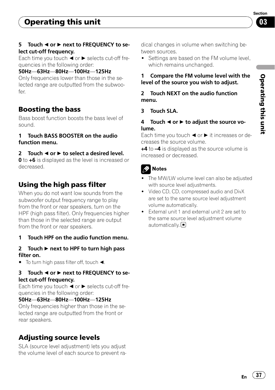 Boosting the bass 37, Using the high pass filter 37, Adjusting source levels 37 | Operating this unit, Boosting the bass, Using the high pass filter, Adjusting source levels | Pioneer AVH-P4000DVD User Manual | Page 37 / 95