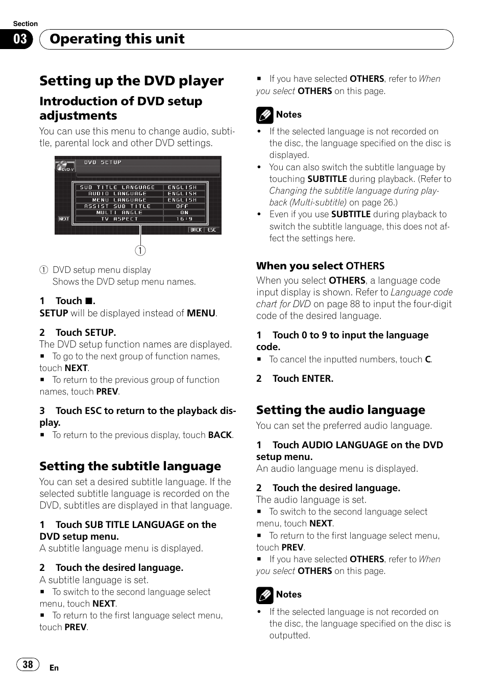 Setting up the dvd player, Introduction of dvd setup, Adjustments | Setting the subtitle language 38, Setting the audio language 38, Operating this unit, Introduction of dvd setup adjustments, Setting the subtitle language, Setting the audio language | Pioneer AVH-P4000DVD User Manual | Page 38 / 95