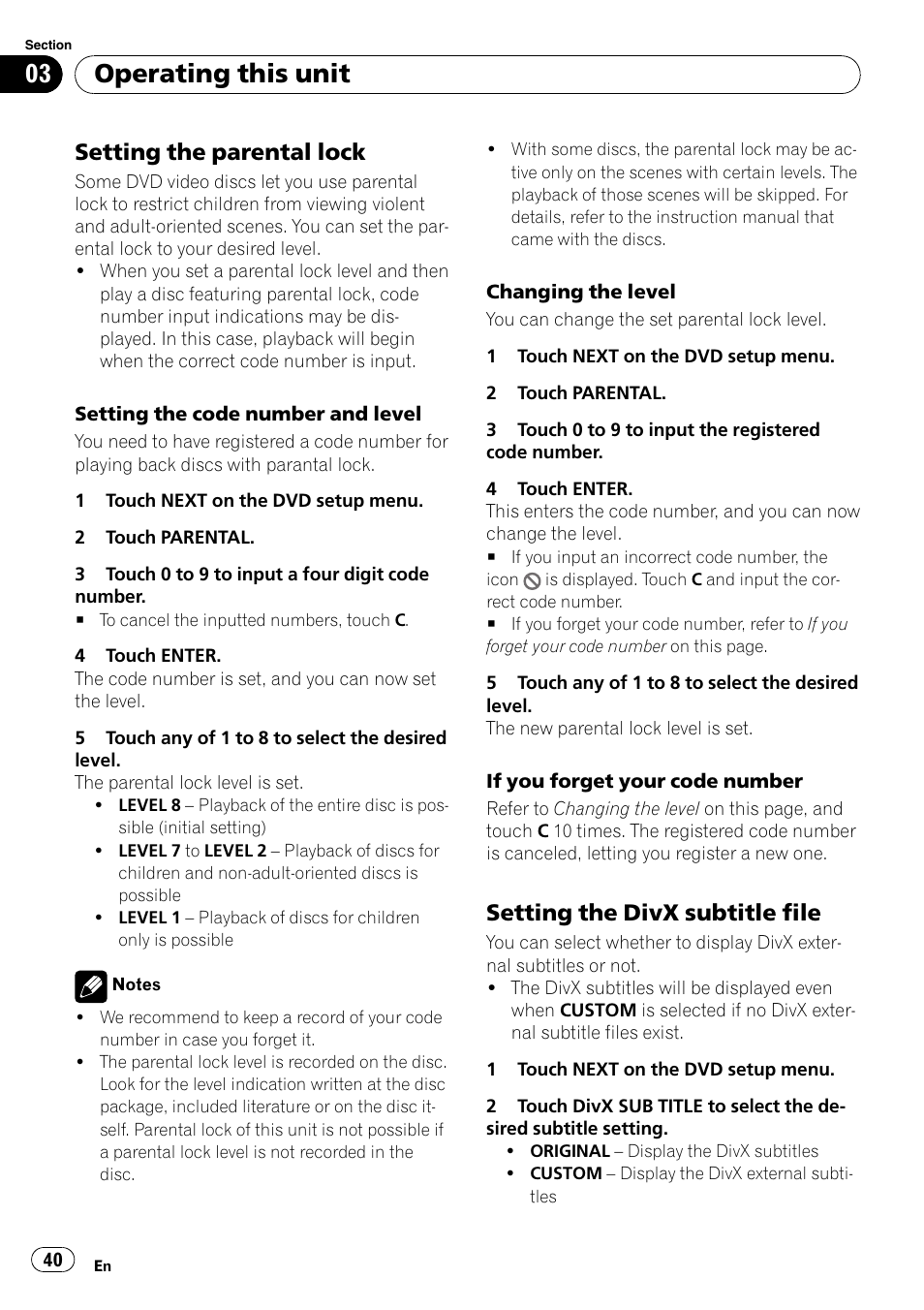 Setting the parental lock 40, Setting the divx subtitle file 40, Operating this unit | Setting the parental lock, Setting the divx subtitle file | Pioneer AVH-P4000DVD User Manual | Page 40 / 95