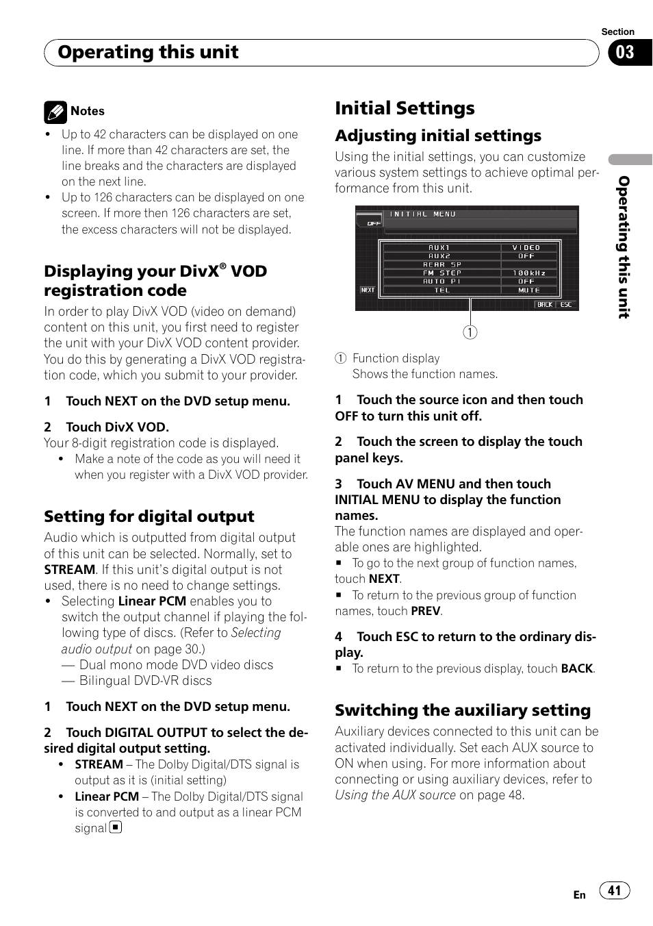 Displaying your divx® vod, Registration code, Setting for digital output 41 | Initial settings, Adjusting initial settings 41, Switching the auxiliary setting 41, Switching the, Operating this unit, Displaying your divx, Vod registration code | Pioneer AVH-P4000DVD User Manual | Page 41 / 95